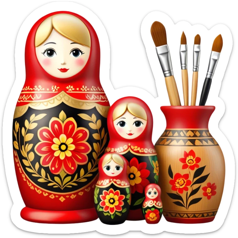 Wood painting icon, painted wooden matryoshkas (nesting dolls) of various sizes, vase, and small wooden box, visible carving tools, paintbrushes, traditional patterns in bright colors like red, gold, and black, no finished artwork, just the crafting process, minimalistic style, clean lines, transparent background. sticker