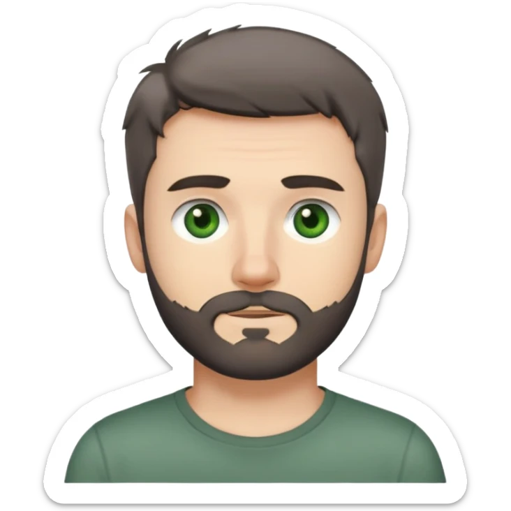 white man with dark messy short hair, dark green eyes, gray t-shirt, and short beard sticker