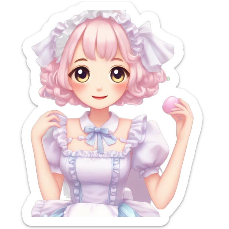 Gorgeous anime style girl blushing face maid outfit Lolita idol model colorful shiny sparkle kawaii pastelcore cottagecore pearly petite simplistic aesthetic trending style sticker