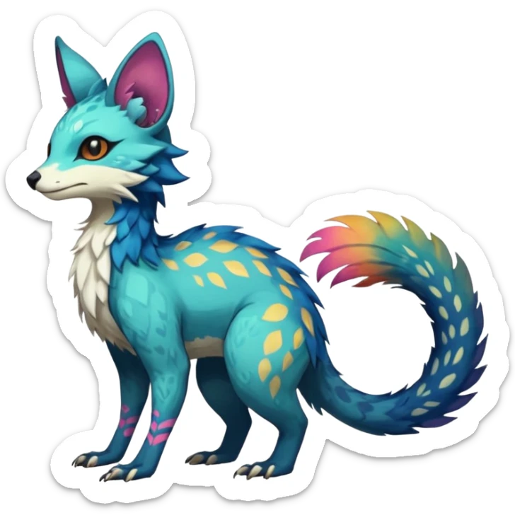 Beautiful pretty cool edgy elegant realistic Feral Rare Fantasy colorful vibrant Vernid-Trico-species-Fakemon-creature by LiLaiRa, random markings, tufted tail, tufted ears, full body sticker