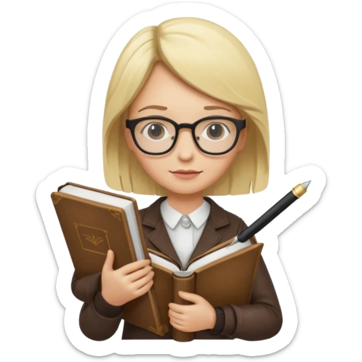 writer holding pen in hand and closed book in other hand, with blonde hair and wearing glasses sticker