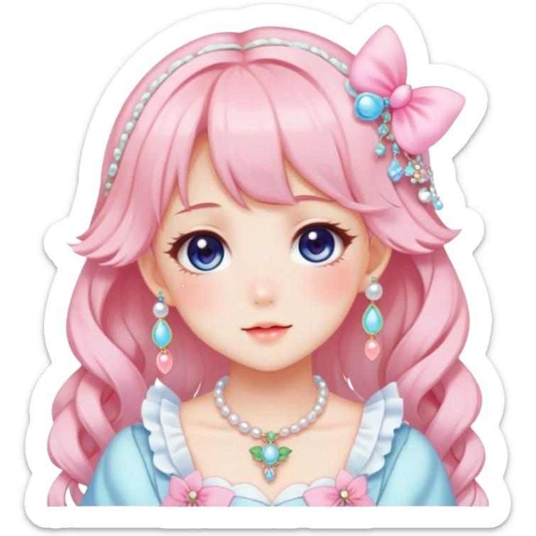 Gorgeous anime style lady with blushing face and accessories cottagecore fairycore Kawaii anime colorful pearly romantic aesthetic trending style sticker