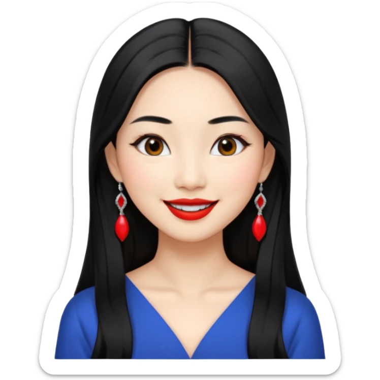 30 yr old asian woman, middle parted straight long black hair, very pretty, fancy dress, earings, red lipstick, silver earings sticker