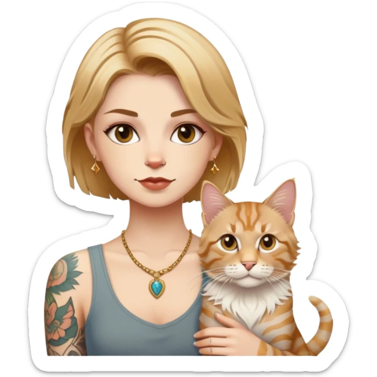 a white girl with Golden cropped short hair and tattoos and A white vesta tabby Maine coon cat sticker
