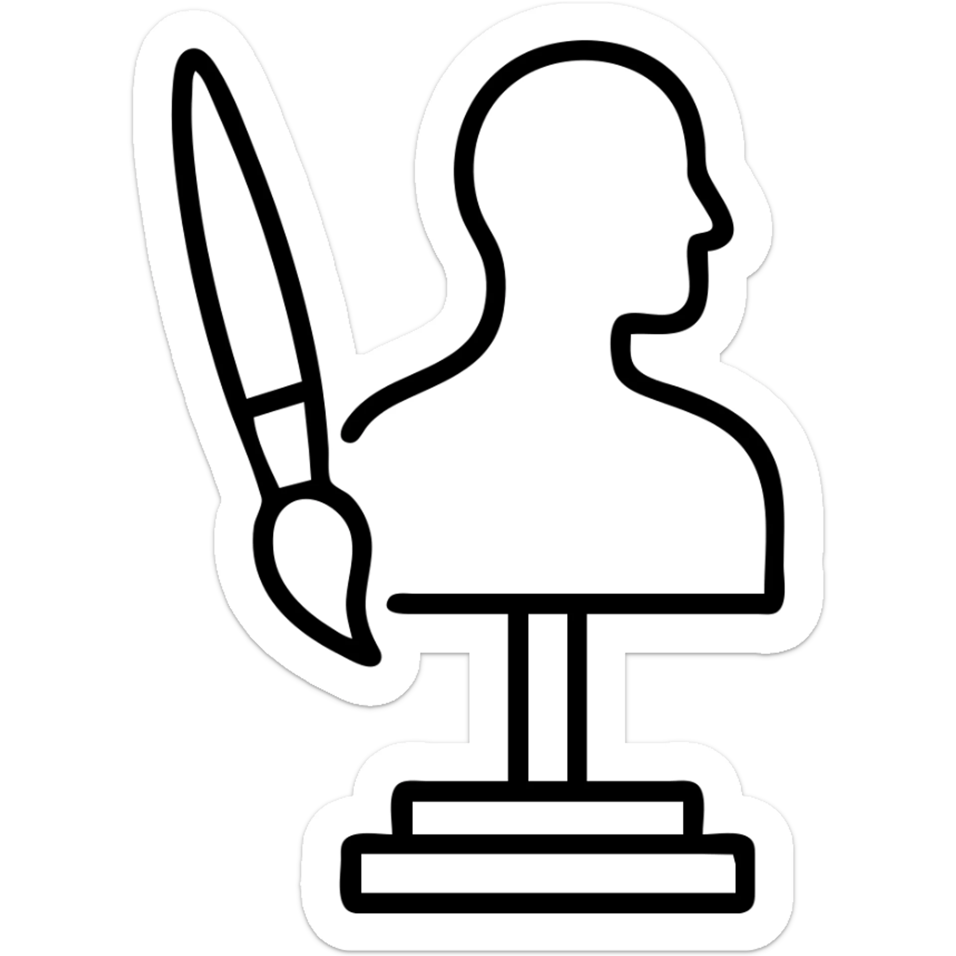 A paintbrush morphing into a metal human sculpture silhouette, symbol of artistic identity, on a display stand sticker