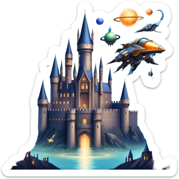 Icon for Fantasy and Sci-Fi Movies: A magical collage with flying dragons. futuristic spaceships and UFOs. Stars and planets shimmer in the background with a mystical castle Hogvards an ancient wizard and robots. The atmosphere is epic, otherworldly and adventurous. Transparent background. sticker