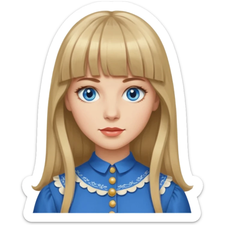 Woman with long dark blond hair and bang, blue eyes, vintage clothe emoji sticker