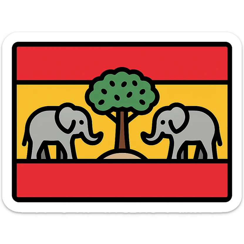 flag design with Spain's red and yellow colors, stylized syrissa tree in the center, elephant on each side, balanced emblematic composition sticker