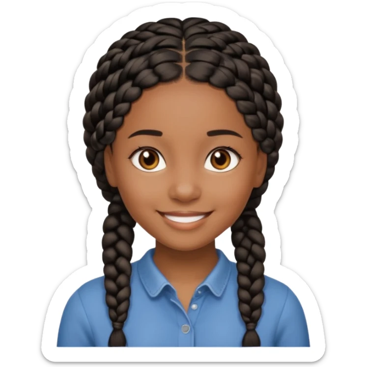 smiling black girl with black braided hair and warm brown eyes, close-up face, Apple emoji style sticker