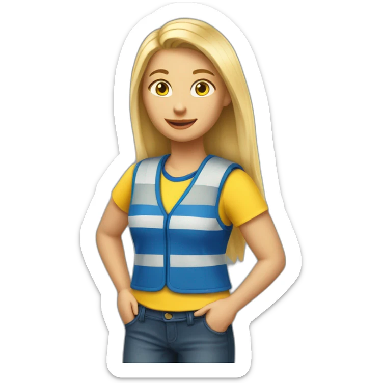 Ikea coworker blond woman blue t-shirt stripe and yellow vest sticker