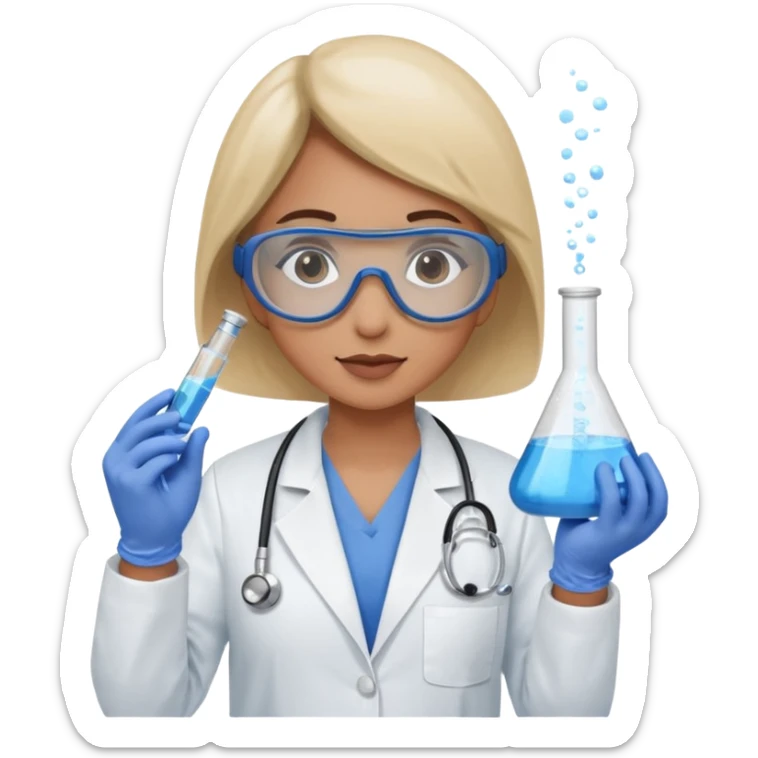 A person wearing safety goggles, a stethoscope, and a white coat. They are wearing blue protective gloves. In their hand, they are holding a test tube containing chemicals. sticker