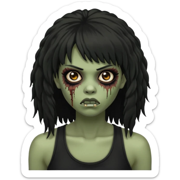 a female zombie with sage green skin, black long afro afro hair with bangs, and a black tank top  sticker