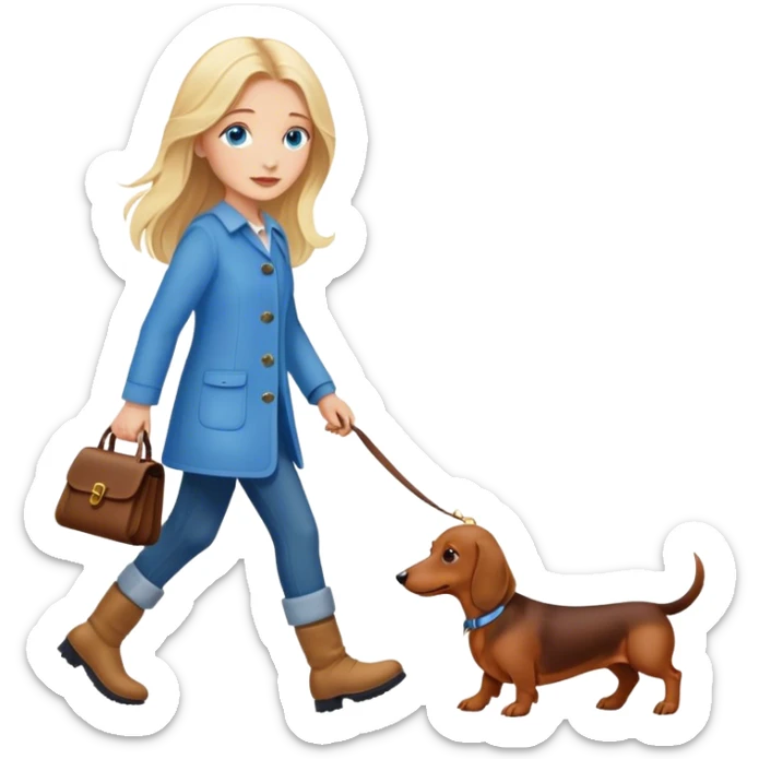 blonde girl with long hair and blue eyes walking with a dachshund sticker