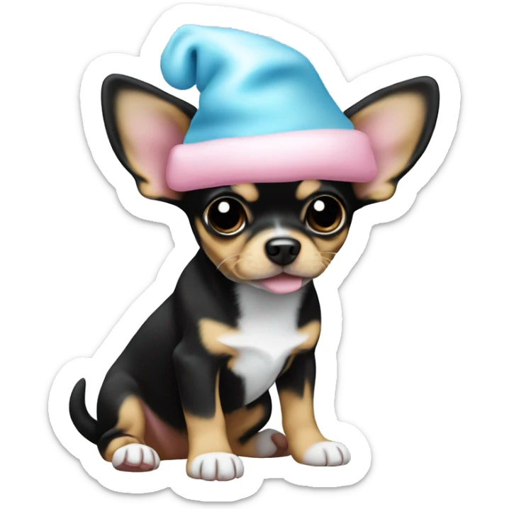 black & tan chihuahua puppy full body light blue eyes pink christmas hat on sticker