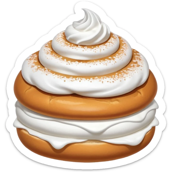 A bun with visible whipped cream in the middle beteween two bun halves and powdered sugar on top, no cream on top sticker