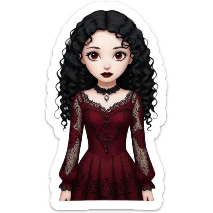 A girl with a dark red goth vampire look in a goth lace dress with long sleeves longer black curly hair sticker