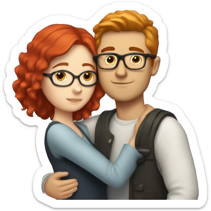 White girl with red hair hugging white guy with brown hair and glasses sticker