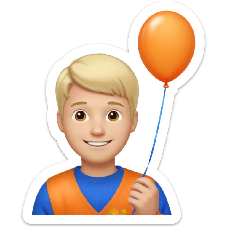 white skin, blonde hair man, orange sweater, hold blue balloon sticker