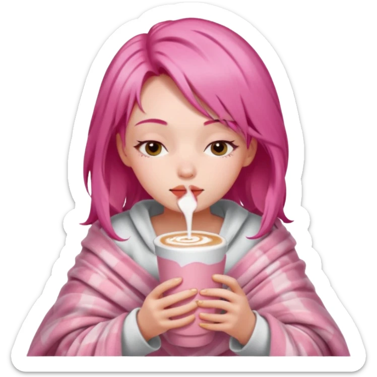 girl with pink hair inside a pink blanket sipping strawberry latte eyes closed emoji to use or share on Discord and Slack. sticker