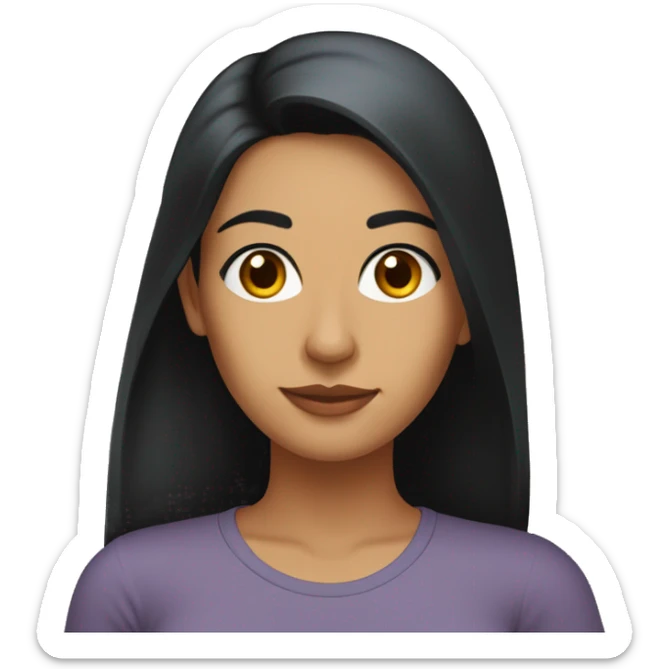 A head and shoulders shot of a 33 year old South Asian woman, with long black hair,   with brown eyes wearing a t-shirt. sticker