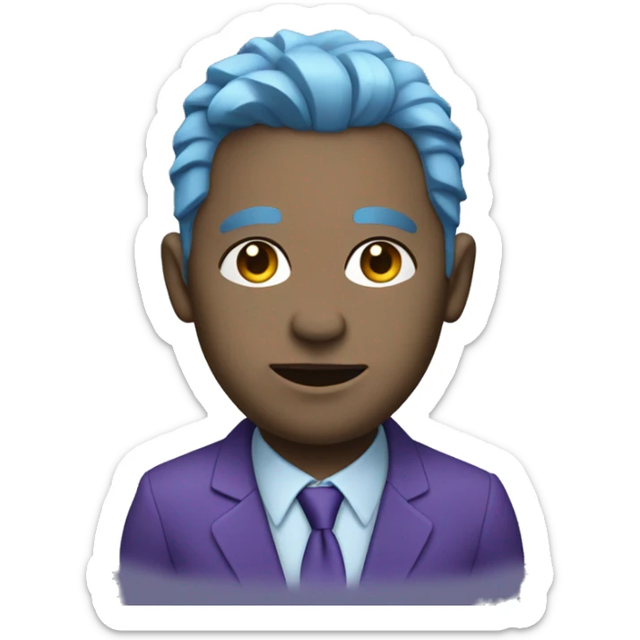 head with gray skin, blue hair, eyes that look to the left. he wears a purple suit sticker