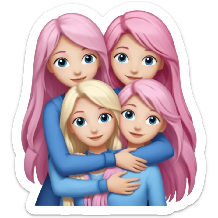 four white grips hugging and smiling    One girl with long light pink hair and blue eyes, one girl with blue eyes and light blonde hair, and 2 girls with brown eyes and long dark brown hair. sticker