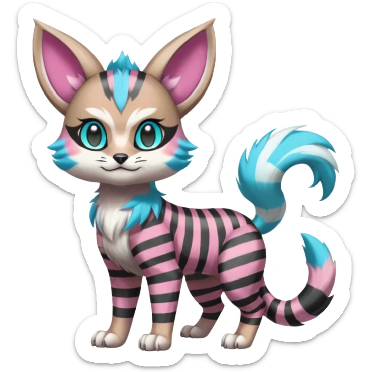 Black and pink-striped Colorful Skilled Adept Graceful Asian Painted WereGarurumon-Meloetta-Ursaring-Furret-fusion-hybrid-creature (full body) with cyan rings around eyes, tufted lynx ears sticker