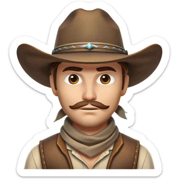 Clash of Clans aesthetic friendly Cowboy Portrait Emoji, With a rugged yet stylized build wearing a classic wide-brimmed hat and bandana, his face rendered in a natural skin tone (not yellow), determined eyes and a steely gaze, Simplified yet dynamic features, highly detailed, glowing with a warm, sunlit frontier radiance, high shine, brave and spirited, stylized with an air of Wild West heroism, focused and ready, soft glowing outline, capturing the essence of a fearless cowboy adventurer ready to ride into epic quests! sticker