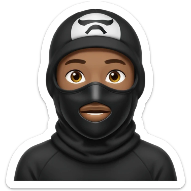 Crie um homem de blusa peta e capuz preto, balaclava preta, boné preto, COM A BALACLAVA COBRINDO A BOCA sticker