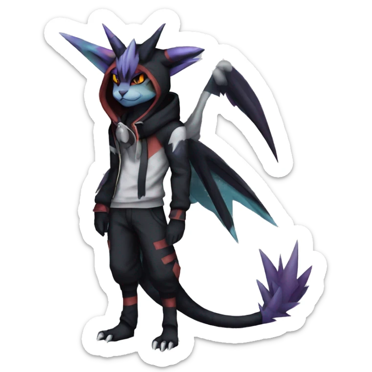 Cool Anthro Black Noivern-Absol-Litten-Pokémon with edgy stripes hoodie spiked collar punk Full Body sticker