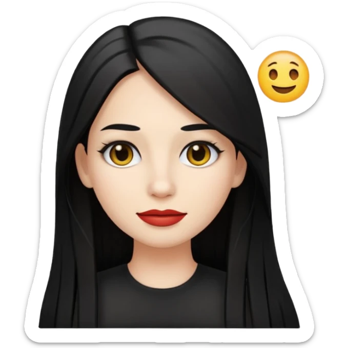 30-year-old Puerto Rican woman with white skin, black long straight hair, emoji style sticker