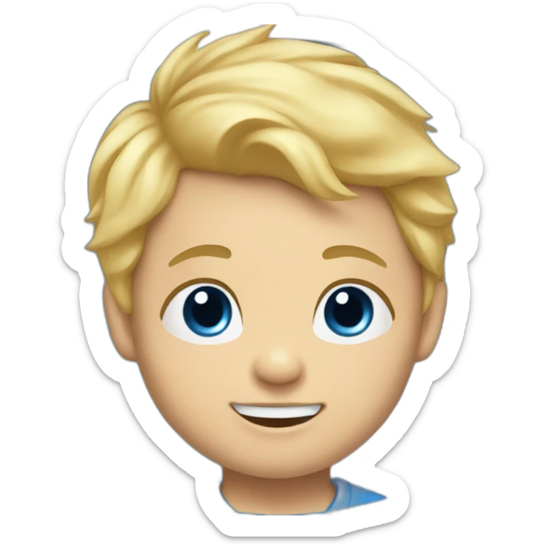 A baby boy with blonde hair, blue eyes and a blue t-shirt and with teeth sticker