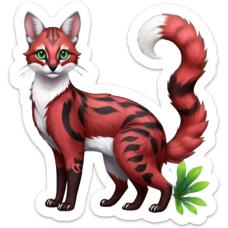 Colorful dark tropical sanguine-red, black, white fur, with green eyes, iridescent glorious divine exotic cute cool beautiful shiny beautiful floral fantasy-caracal-civet-genet-sergal-vernid-Cacomistle-oncilla-animal-Fakémon-hybrid-fursona with pattern markings (full body) sticker