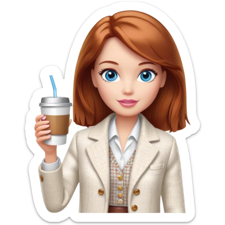 A Barbie girl with blue eyes, shoulder-length reddish-brown hair, made-up, wearing a white tweed jacket and a white skirt, with a glass of coffee in her hands sticker