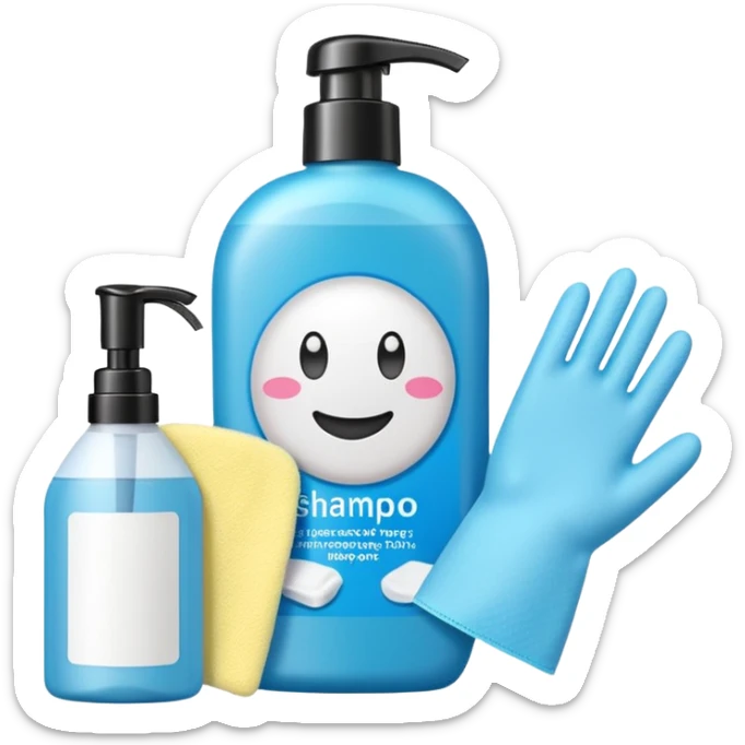 emoji of big (1L) bottle of shampoo, disposable gloves and cotton pads (for makeup) are standing on a table, products look like its always running out, add brand labels to them, make quantity bigger , and i want to see more disposable products, without faces sticker