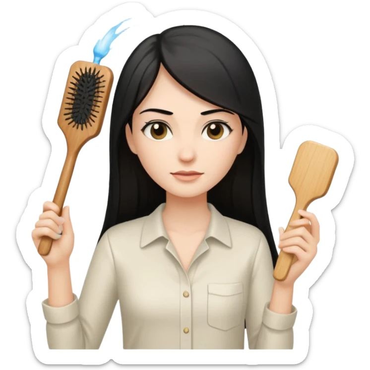 A white woman with long, straight black hair, wearing an ivory-colored shirt, holding a small square wooden paddle hairbrush in her left hand and spraying a hair mist bottle with her right hand toward her hair. sticker