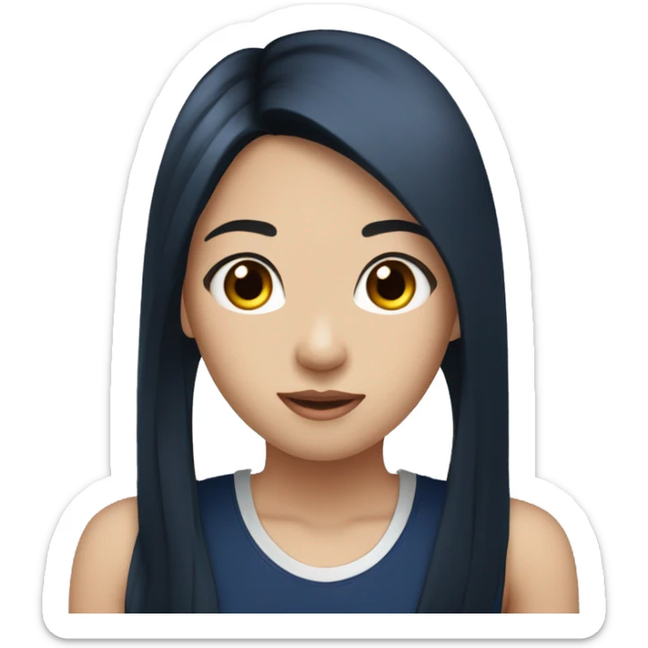 Asian girl with long black straight hair, silver earrings, and a navy tank top  sticker