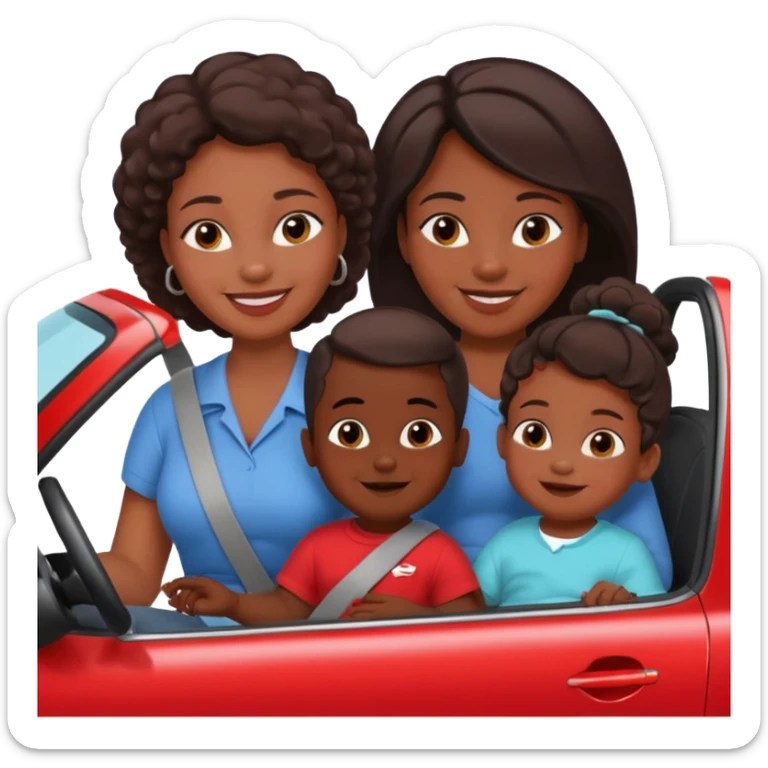 Dark Skin mom with two children, one young boy and a baby girl in a car red sticker