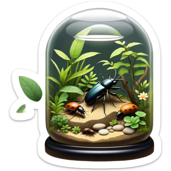 Close-up of home insects in a terrarium, showcasing beetles, praying mantises, and other exotic species in vivid detail, with natural textures of the terrarium. Soft lighting highlights their features. Transparent background. sticker