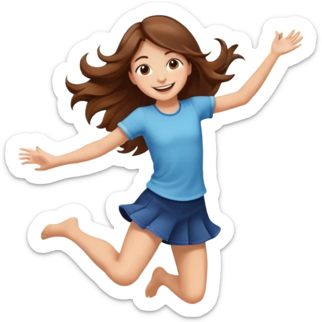 Girl with long brown hair happy jumping in the air with sunbeams in the background  sticker