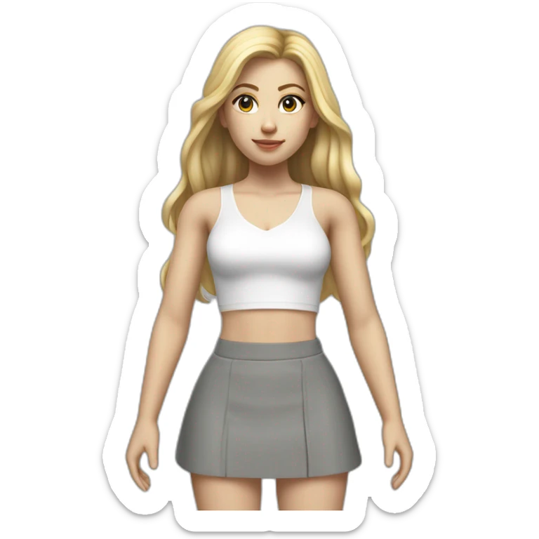hyperrealistic caucasian female, long straight blonde hair, white-lace-up-crop-top, grey mini skirt, body view sticker
