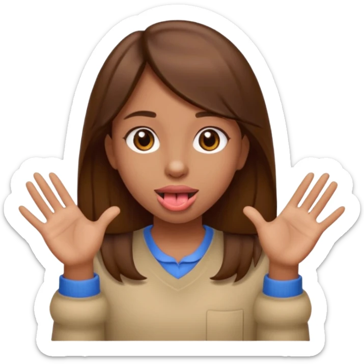 An emoji of a girl with brown eyes and hair holding two hands to her side and with her tongue out in between sticker