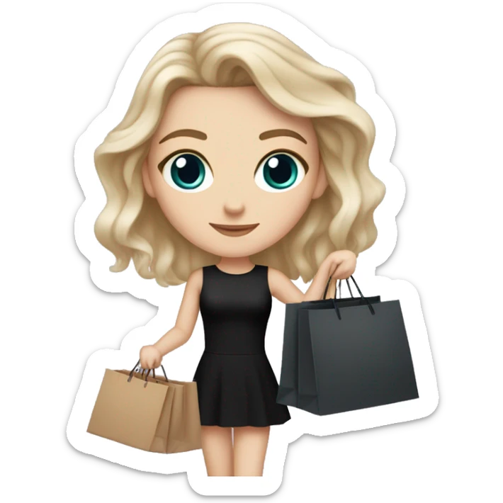 white girl with brown eyes and hair, holding shopping bags like hermes and chanel in short black dress sticker