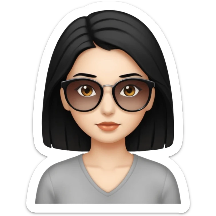 My Sexy wife with sunglasses, black hair, and awesomeness. She has some gray, she's super cute. She has brown eyes and is just lovely. Her hair is down her back. No earrings. She is natural beauty. She is 54 with some gray roots. And i love her so much sticker