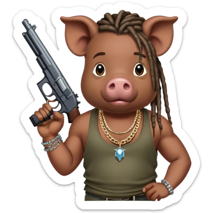 african-american race pig with dreads looking gangster with gun and tank top, with diamond blinging chain sticker