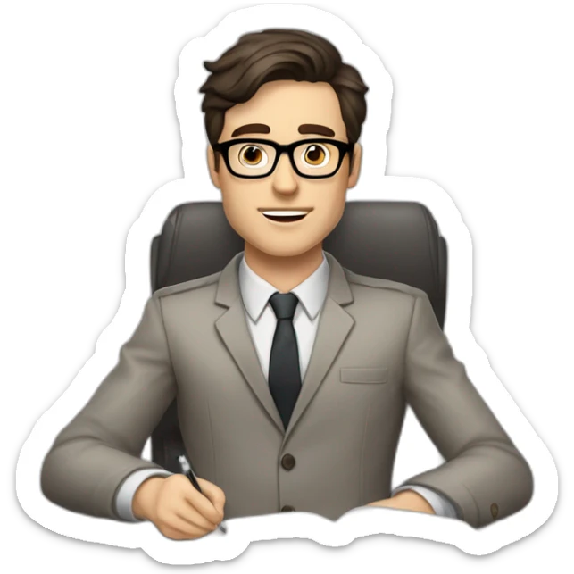 Pale skinned Fit Man With dark brown hair in gray jacket with emblem Ψ, beige office shirt and vintage glasses sitting In a soft chair with a notebook and a pen in his hands sticker