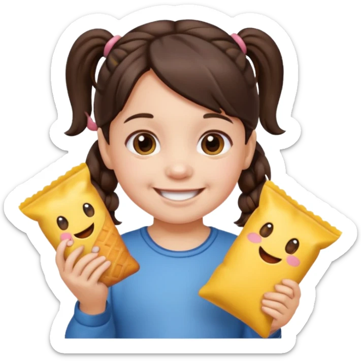Toddler emoji with two pigtails dark brown hair, fair skin, holding snacks sticker
