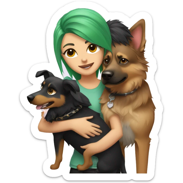 punk girl with green hair hugging a german shepard dog and an australian shepard dog sticker