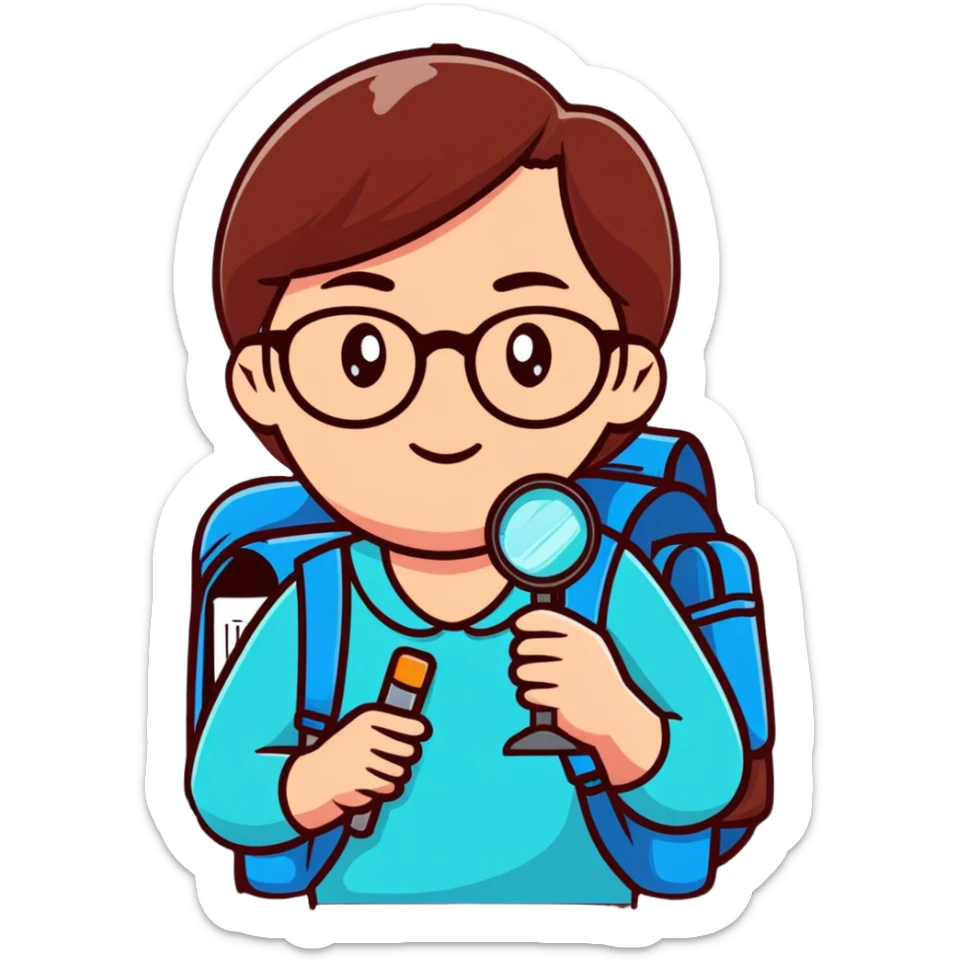 Cheerful woman hiker in her late 30s with glasses, backpack, and one magnifying glass in her right hand sticker