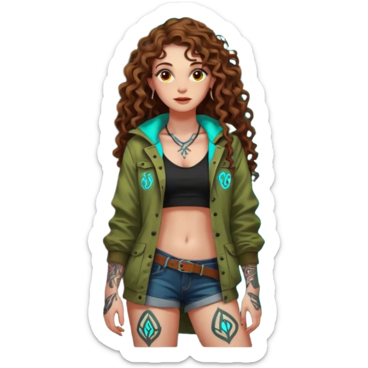 full body view of a woman with long curly brown hair, brown eyes, white skin, tattoos, leaning against a tree covered in neon runes, open forest jacket, flirty confident stance sticker
